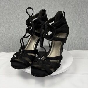 IMPO Black Faux Suede Caged Lace Up Strappy Heeled Sandals Women 8.5 M